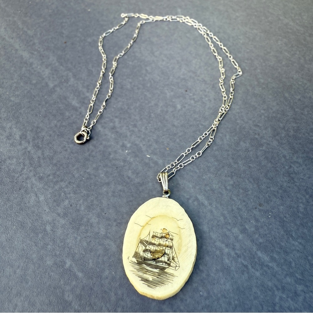 Scrimshaw Hand-Carved Ship on Bovine Pendant Necklace 925